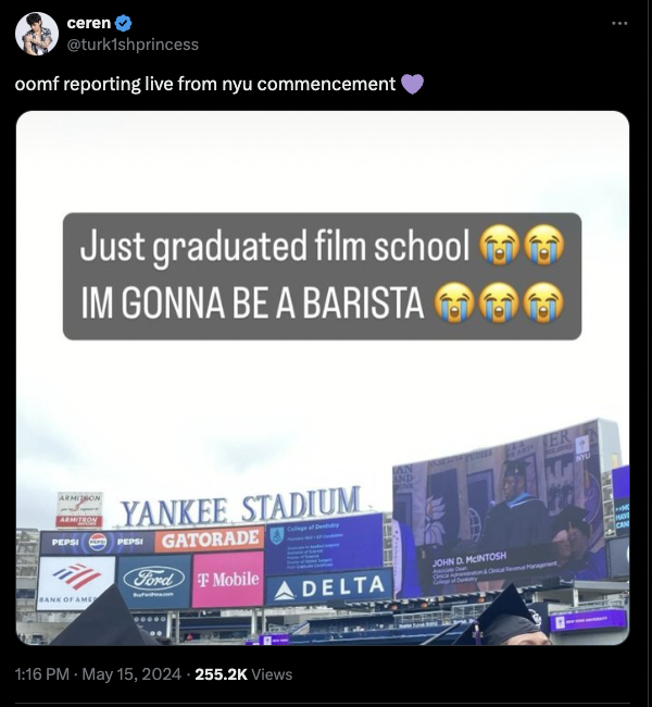 screenshot - ceren oomf reporting live from nyu commencement Just graduated film school Im Gonna Be A Barista Yankee Stadium Gatorade Ford Mobile John D. Muntosh A Delta Views Ter
